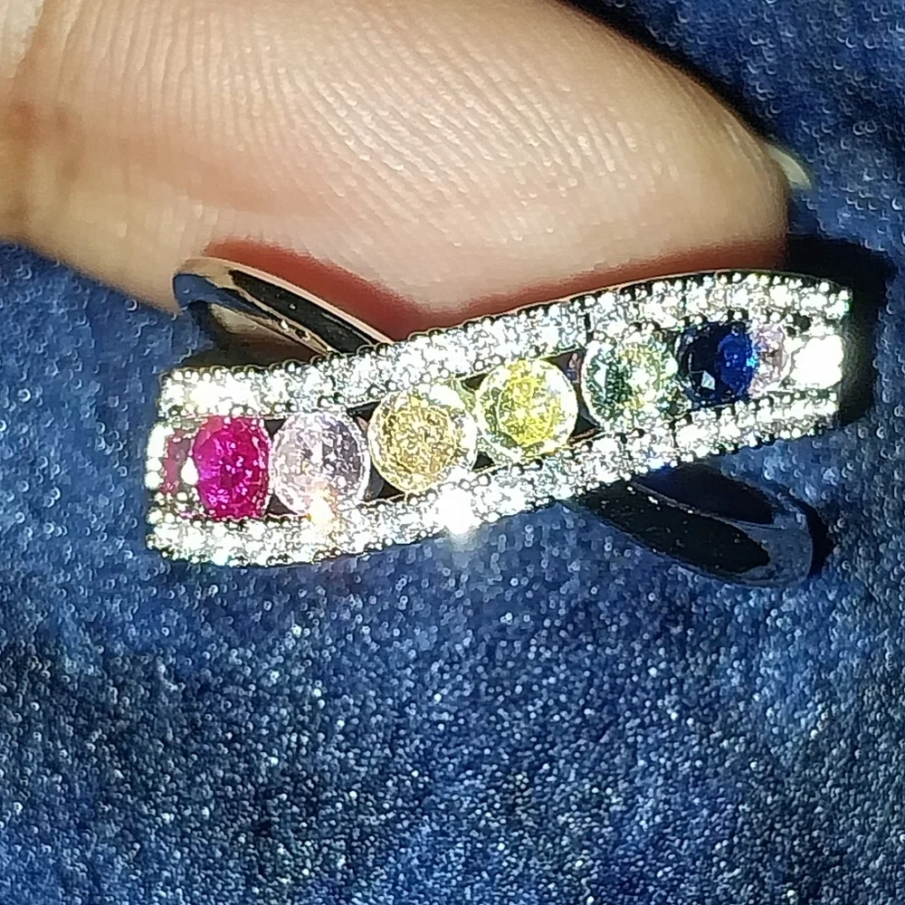 Elegant Multicolor Gemstone Silvery Ring Sz 7